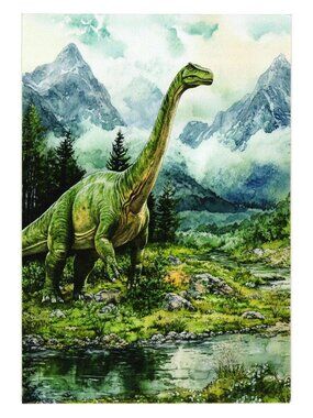 Dinosaur Landscape Art Print Brontosaurus Mountains Blank Postcard Illustration